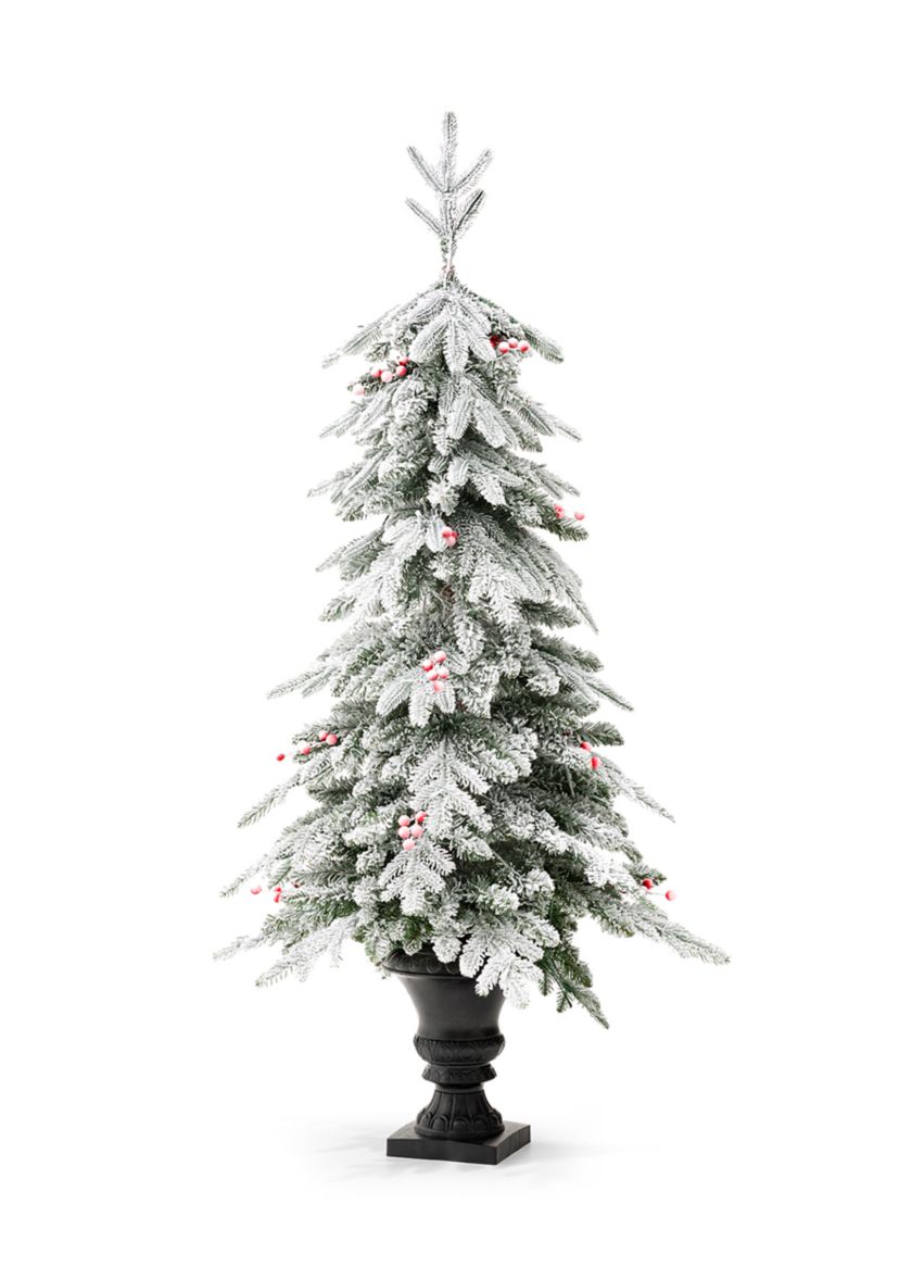 5-foot Pre-Lit Flocked Fir Artificial Christmas Porch Tree with 150 Warm White Lights and Red Berries