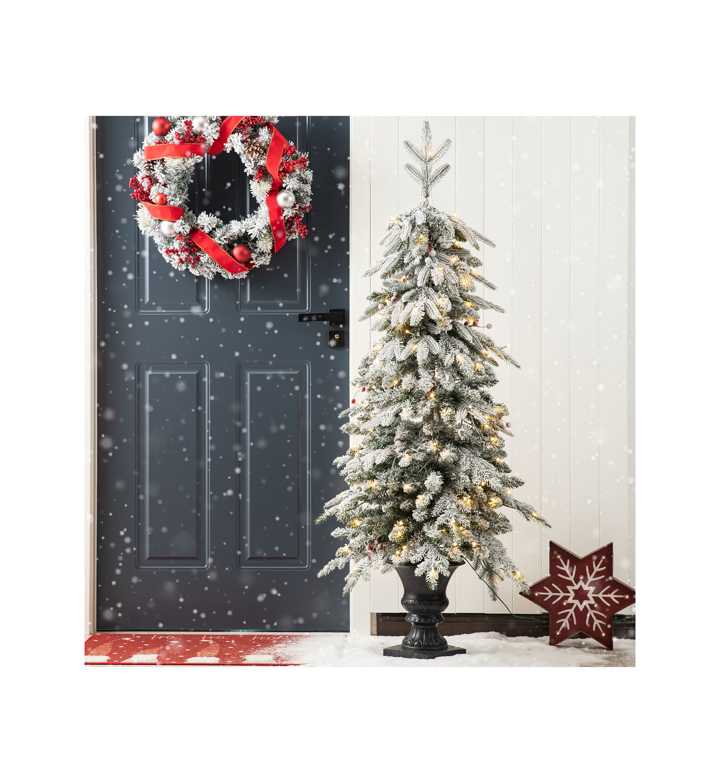5-foot Pre-Lit Flocked Fir Artificial Christmas Porch Tree with 150 Warm White Lights and Red Berries