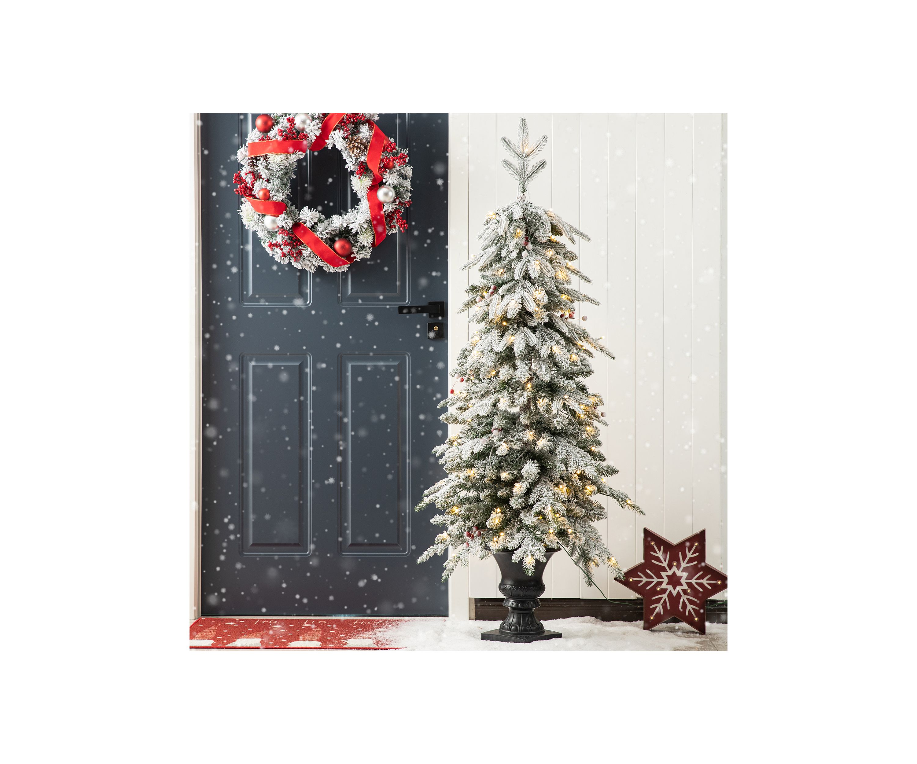 5-foot Pre-Lit Flocked Fir Artificial Christmas Porch Tree with 150 Warm White Lights and Red Berries