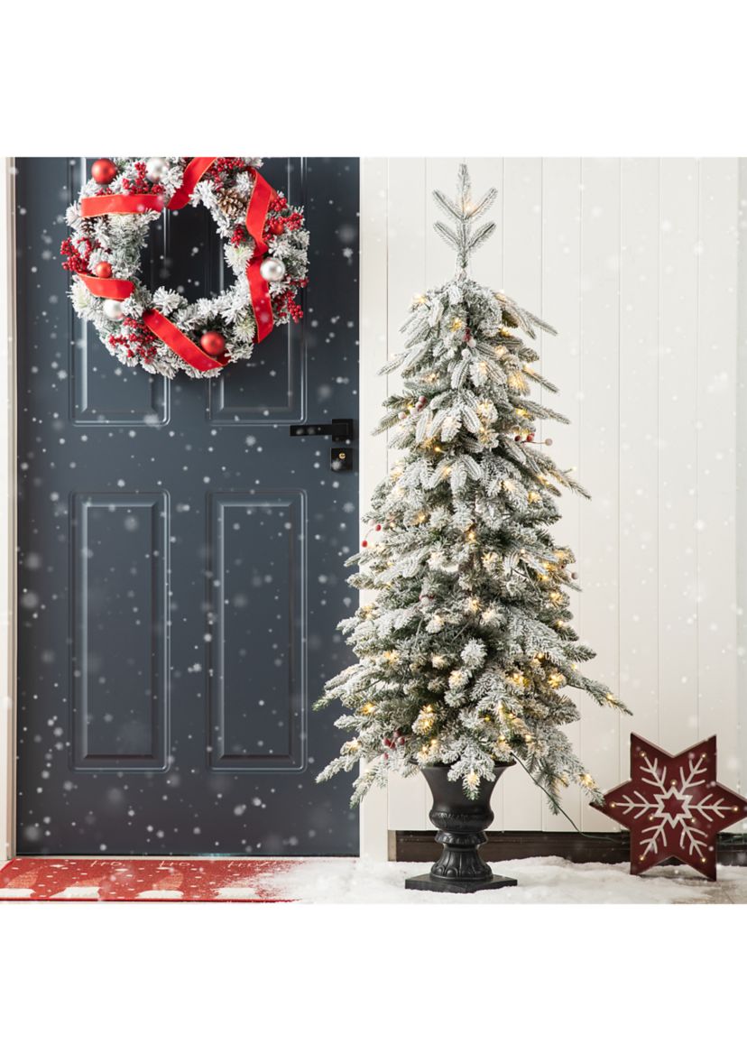 5-foot Pre-Lit Flocked Fir Artificial Christmas Porch Tree with 150 Warm White Lights and Red Berries