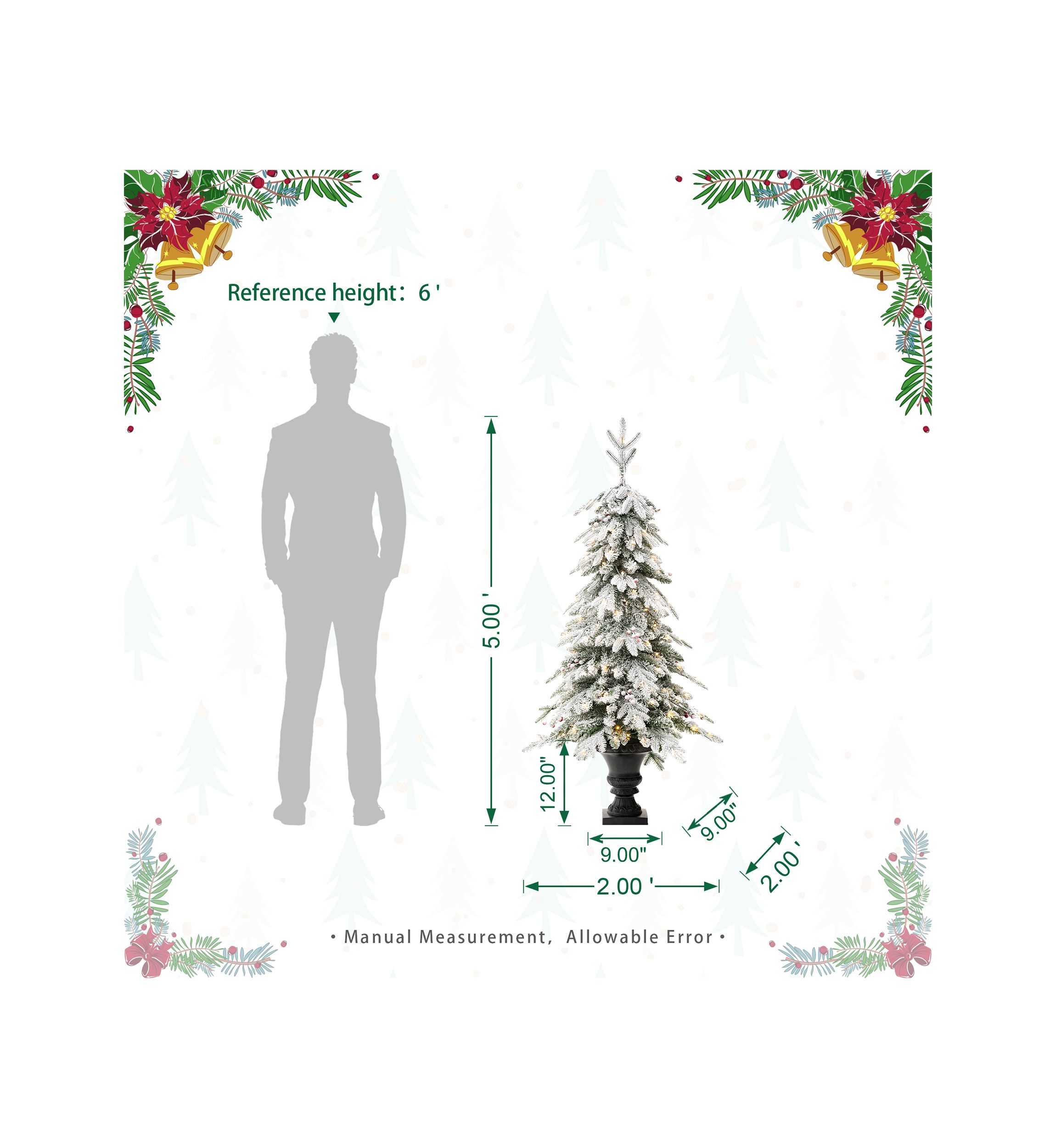5-foot Pre-Lit Flocked Fir Artificial Christmas Porch Tree with 150 Warm White Lights and Red Berries