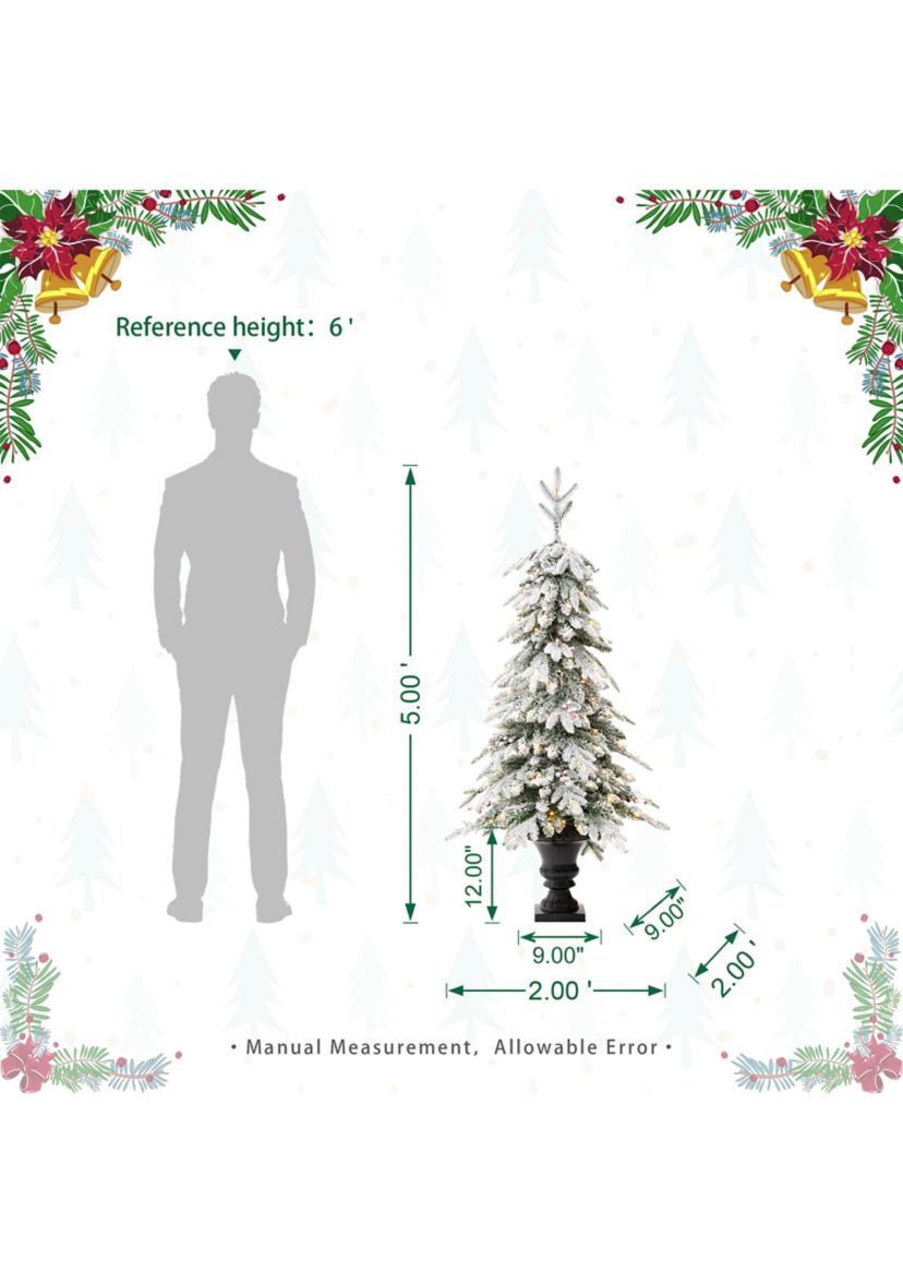 5-foot Pre-Lit Flocked Fir Artificial Christmas Porch Tree with 150 Warm White Lights and Red Berries