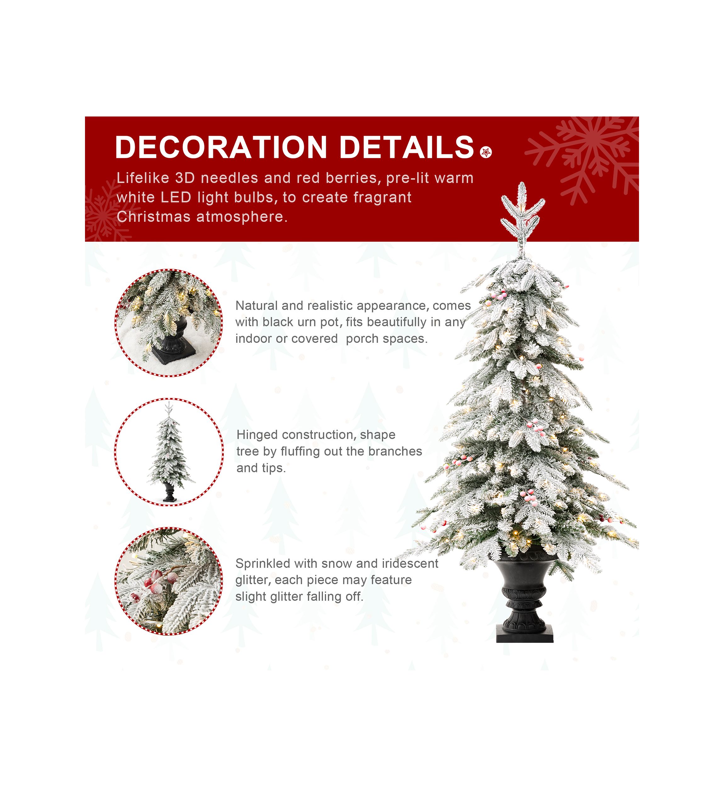 5-foot Pre-Lit Flocked Fir Artificial Christmas Porch Tree with 150 Warm White Lights and Red Berries