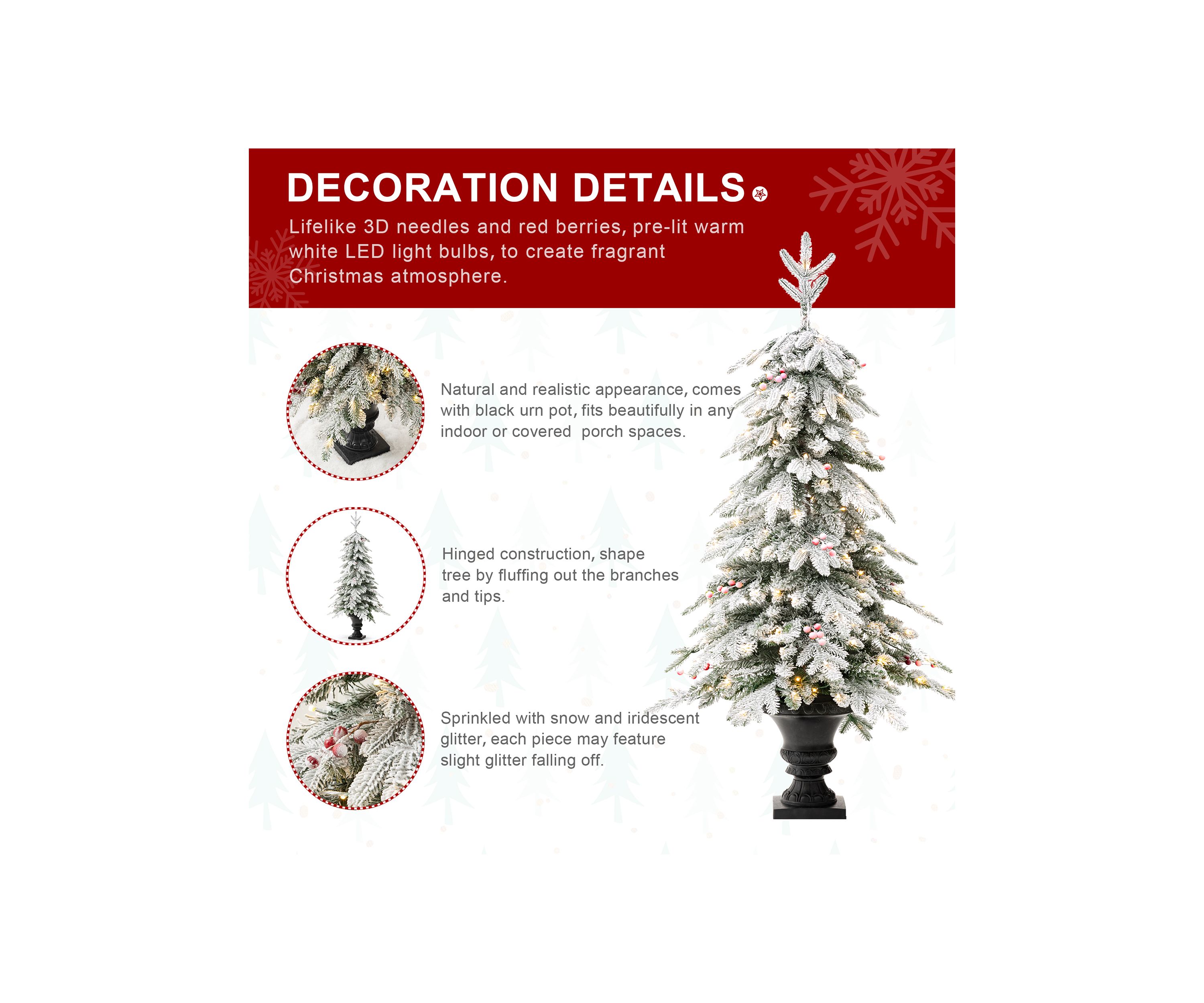 5-foot Pre-Lit Flocked Fir Artificial Christmas Porch Tree with 150 Warm White Lights and Red Berries