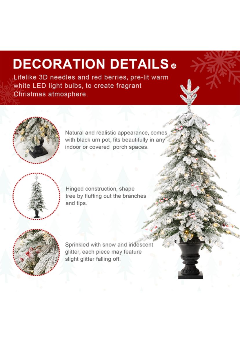 5-foot Pre-Lit Flocked Fir Artificial Christmas Porch Tree with 150 Warm White Lights and Red Berries