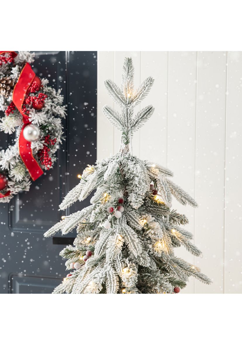 5-foot Pre-Lit Flocked Fir Artificial Christmas Porch Tree with 150 Warm White Lights and Red Berries