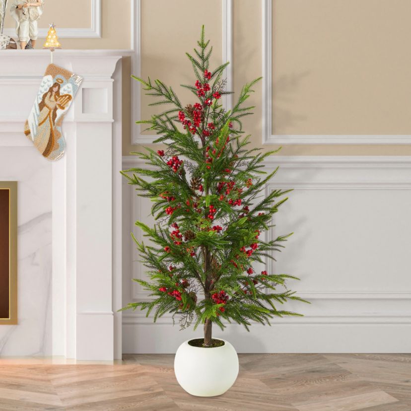 37.5"H Christmas Greenery PE Dripping Pine Porch Tree with Pinecones and Red Berries