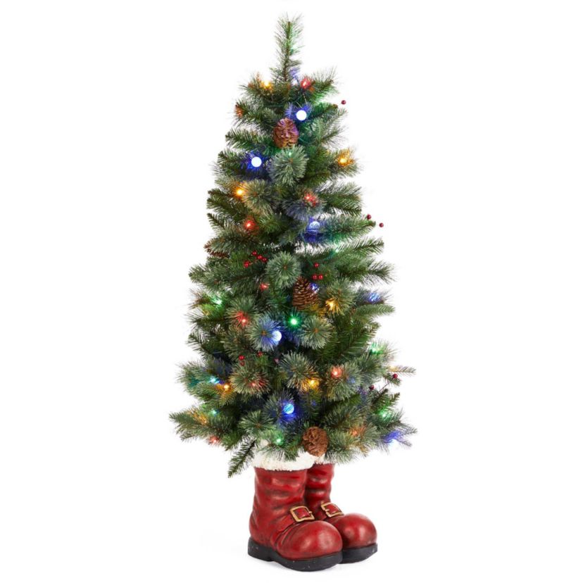 4.5ft Christmas Santa Boots Porch Tree with 75 Warm White/Multi-color LED Lights, including 18 globe LED Lights,9 function w/Foot Pedal