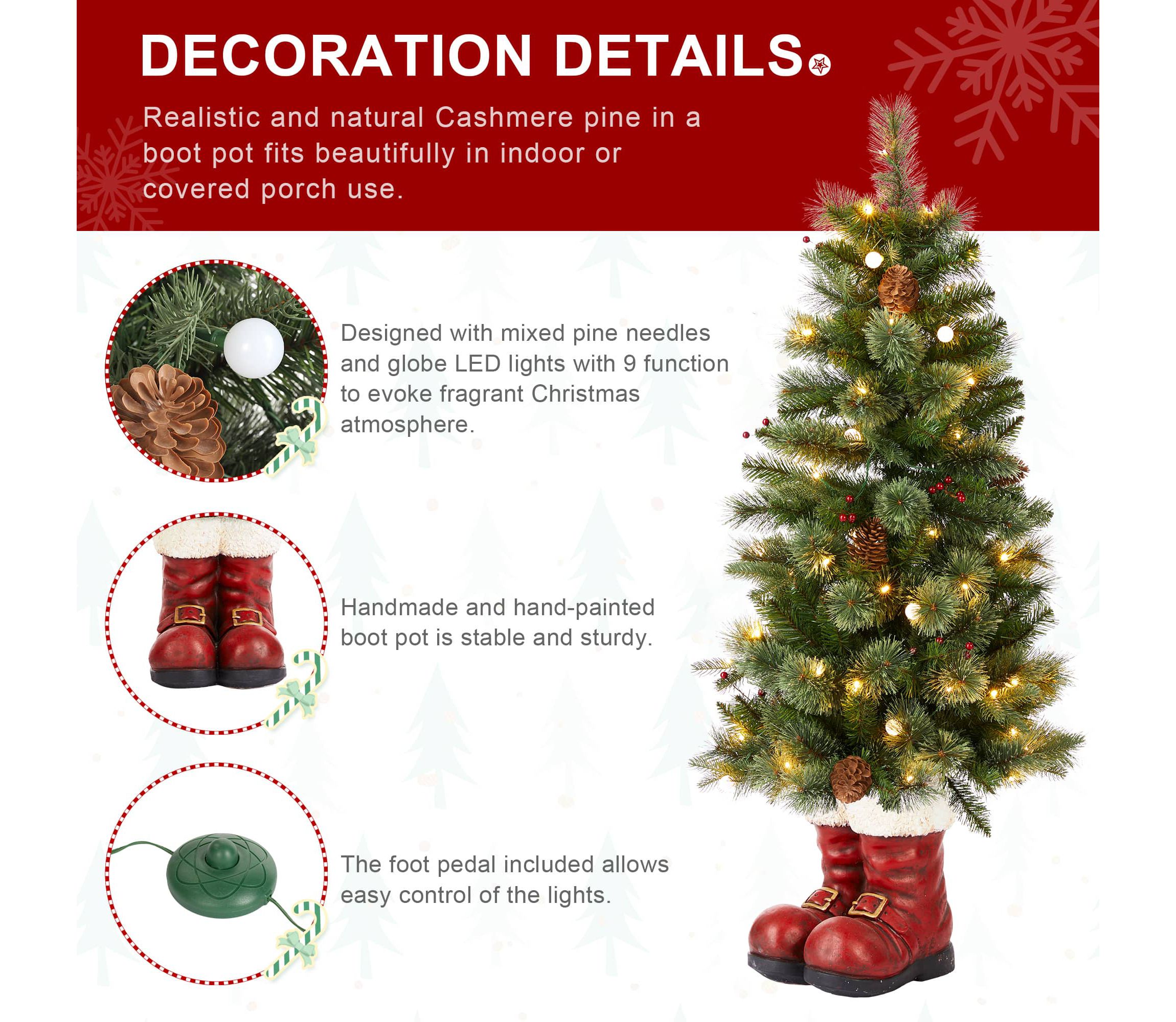 4.5ft Christmas Santa Boots Porch Tree with 75 Warm White/Multi-color LED Lights, including 18 globe LED Lights,9 function w/Foot Pedal