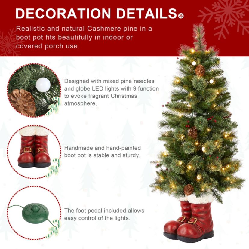 4.5ft Christmas Santa Boots Porch Tree with 75 Warm White/Multi-color LED Lights, including 18 globe LED Lights,9 function w/Foot Pedal