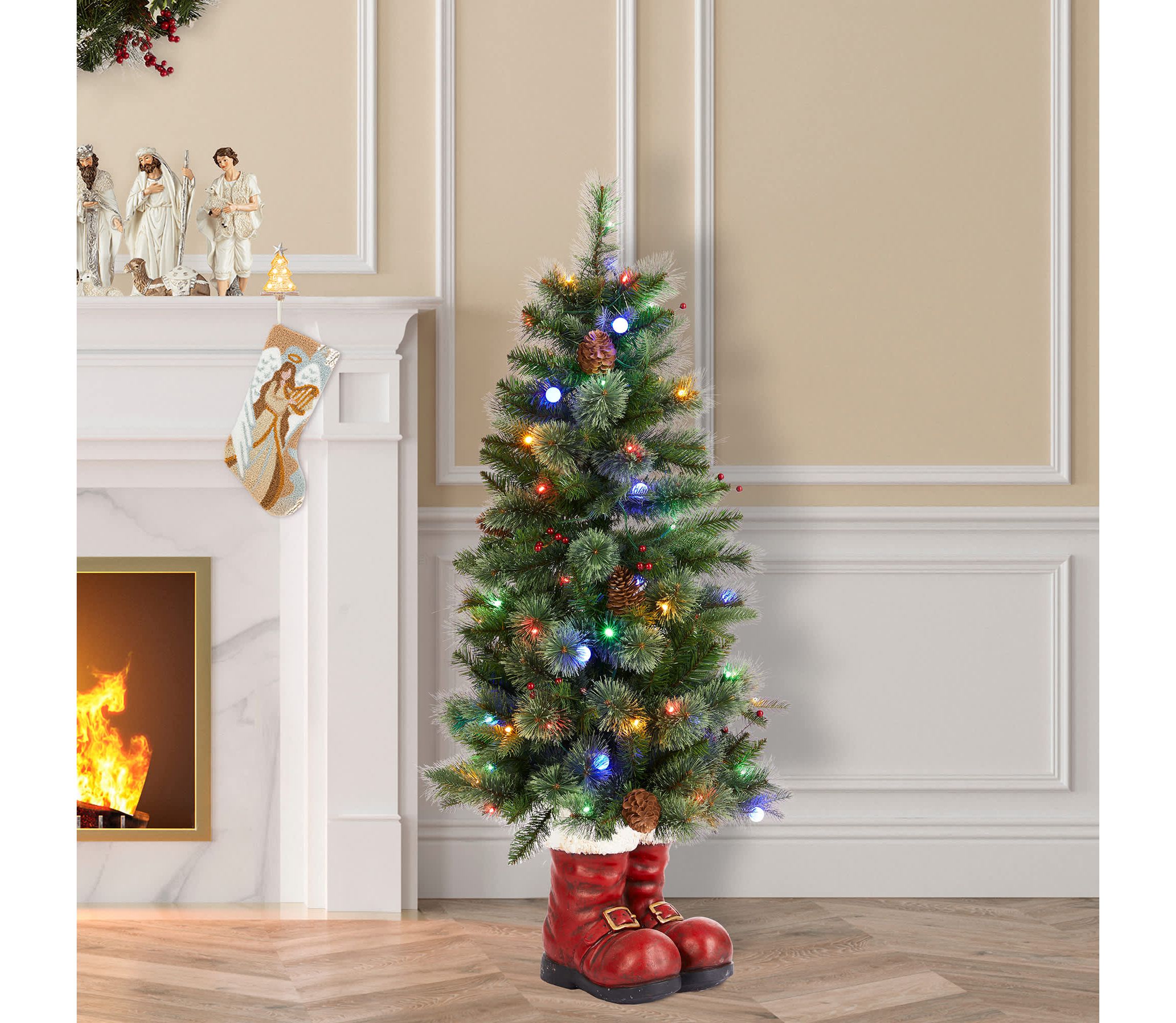 4.5ft Christmas Santa Boots Porch Tree with 75 Warm White/Multi-color LED Lights, including 18 globe LED Lights,9 function w/Foot Pedal