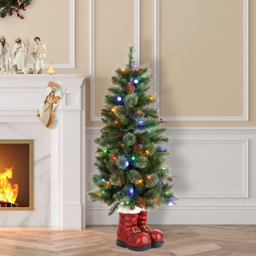 4.5ft Christmas Santa Boots Porch Tree with 75 Warm White/Multi-color LED Lights, including 18 globe LED Lights,9 function w/Foot Pedal