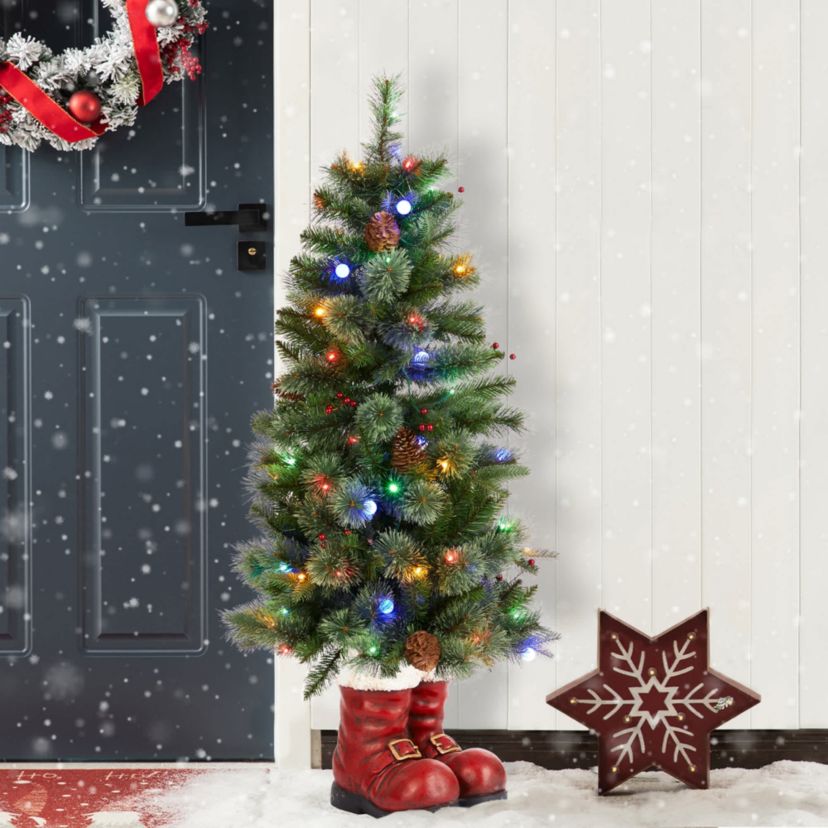 4.5ft Christmas Santa Boots Porch Tree with 75 Warm White/Multi-color LED Lights, including 18 globe LED Lights,9 function w/Foot Pedal