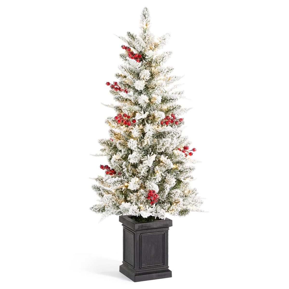 4ft Pre-Lit Flocked Artificial Christmas Porch Tree with and Red Berries and 60 Warm White/Multi-color Lights,2 function w/Foot Pedal