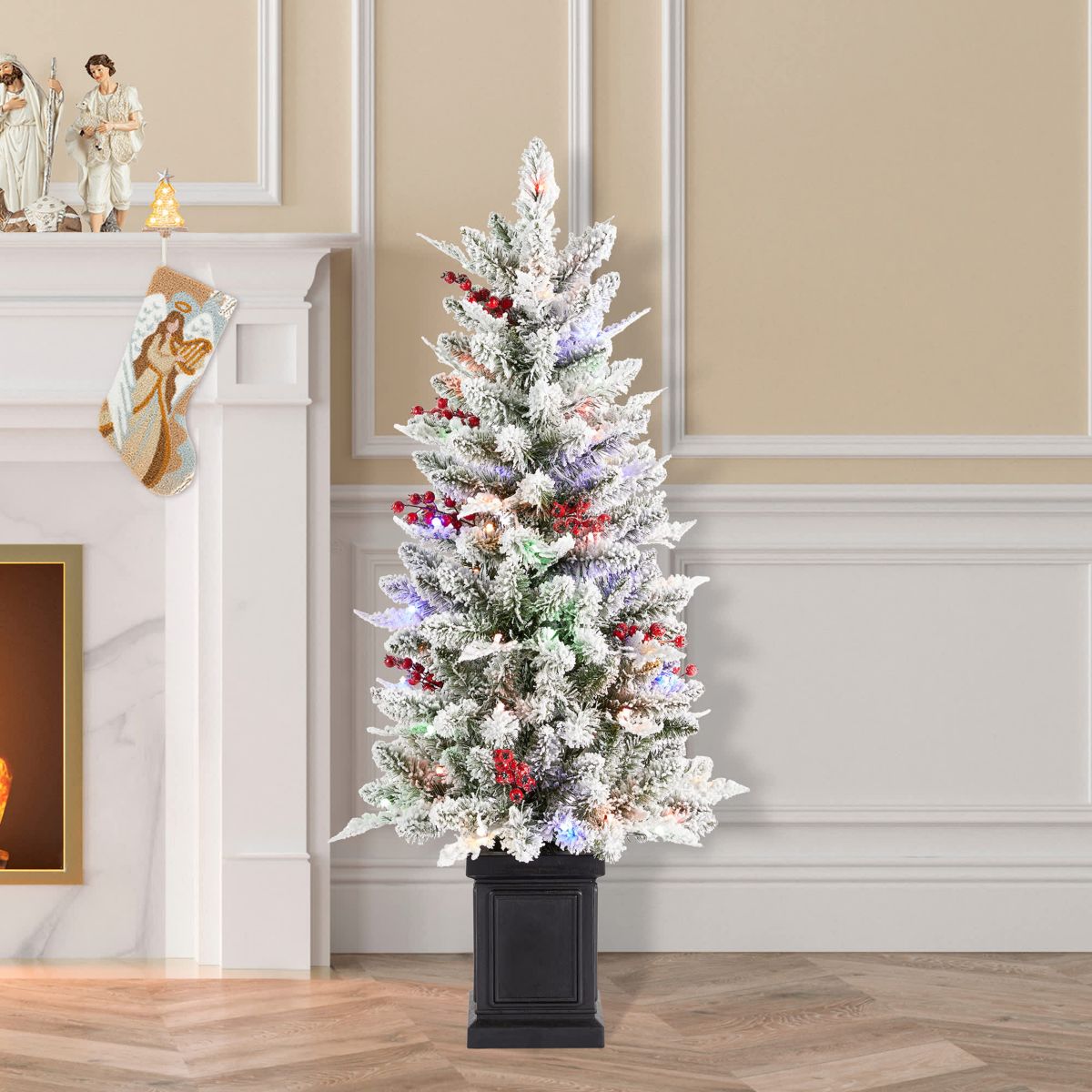 4ft Pre-Lit Flocked Artificial Christmas Porch Tree with and Red Berries and 60 Warm White/Multi-color Lights,2 function w/Foot Pedal