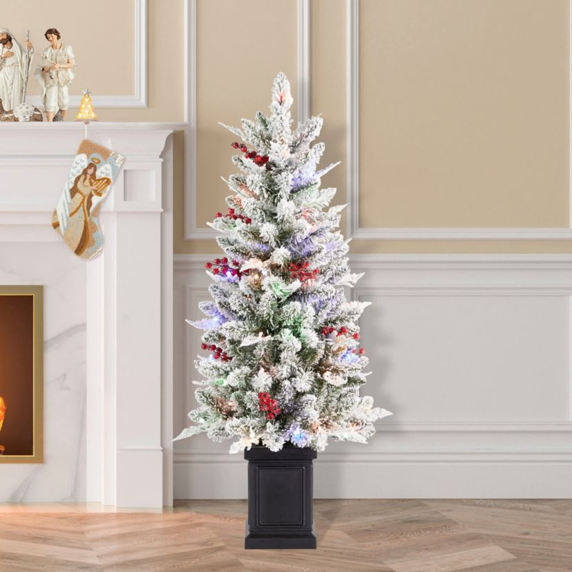 4ft Pre-Lit Flocked Artificial Christmas Porch Tree with and Red Berries and 60 Warm White/Multi-color Lights,2 function w/Foot Pedal