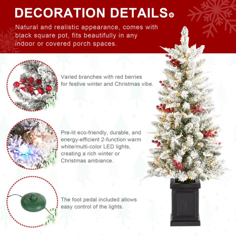 4ft Pre-Lit Flocked Artificial Christmas Porch Tree with and Red Berries and 60 Warm White/Multi-color Lights,2 function w/Foot Pedal