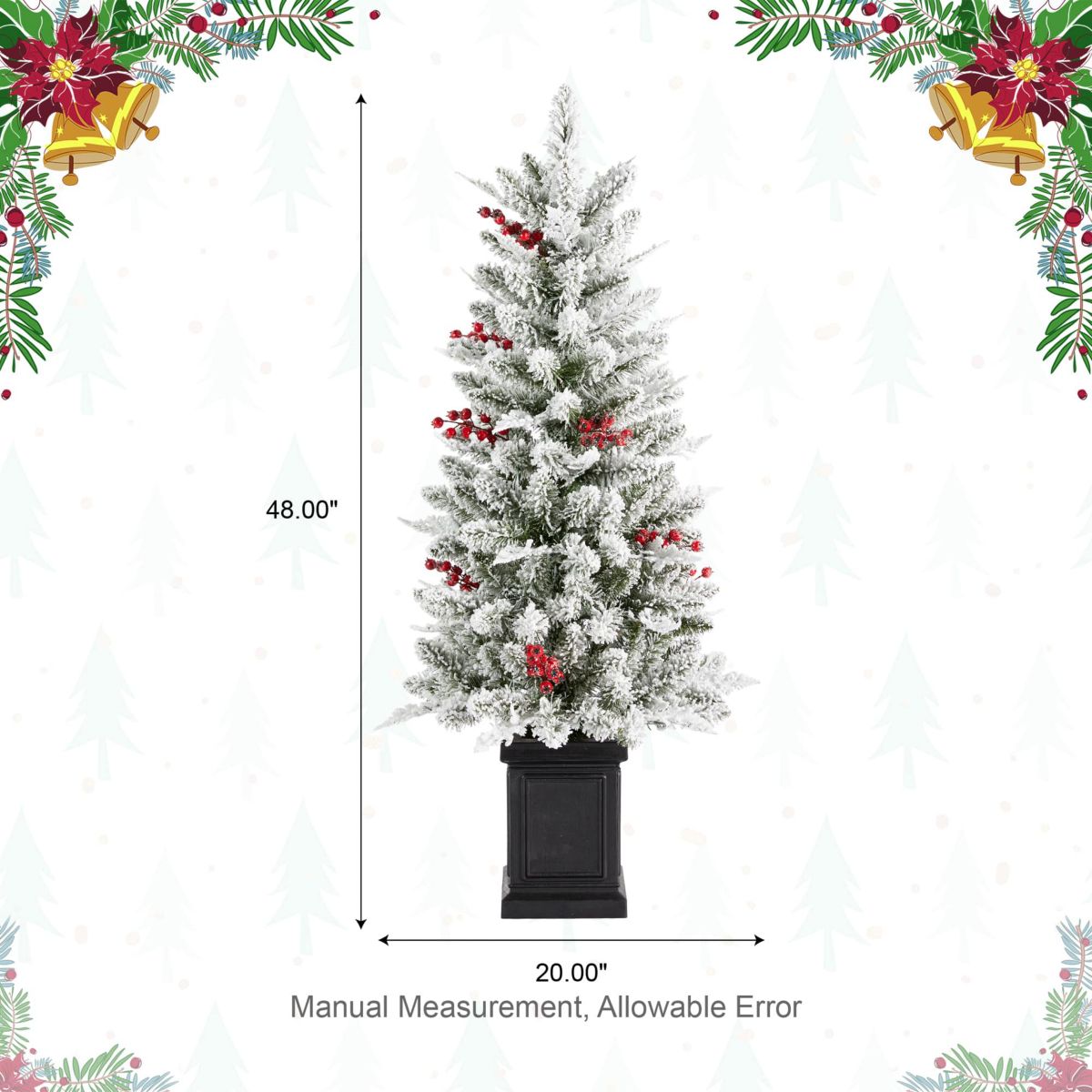 4ft Pre-Lit Flocked Artificial Christmas Porch Tree with and Red Berries and 60 Warm White/Multi-color Lights,2 function w/Foot Pedal