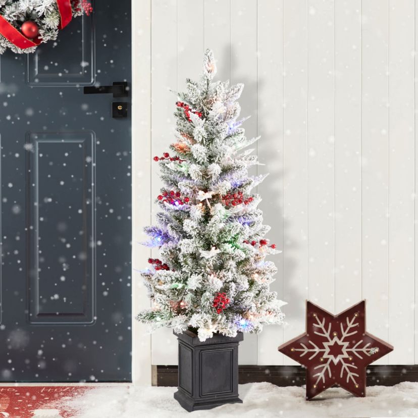4ft Pre-Lit Flocked Artificial Christmas Porch Tree with and Red Berries and 60 Warm White/Multi-color Lights,2 function w/Foot Pedal