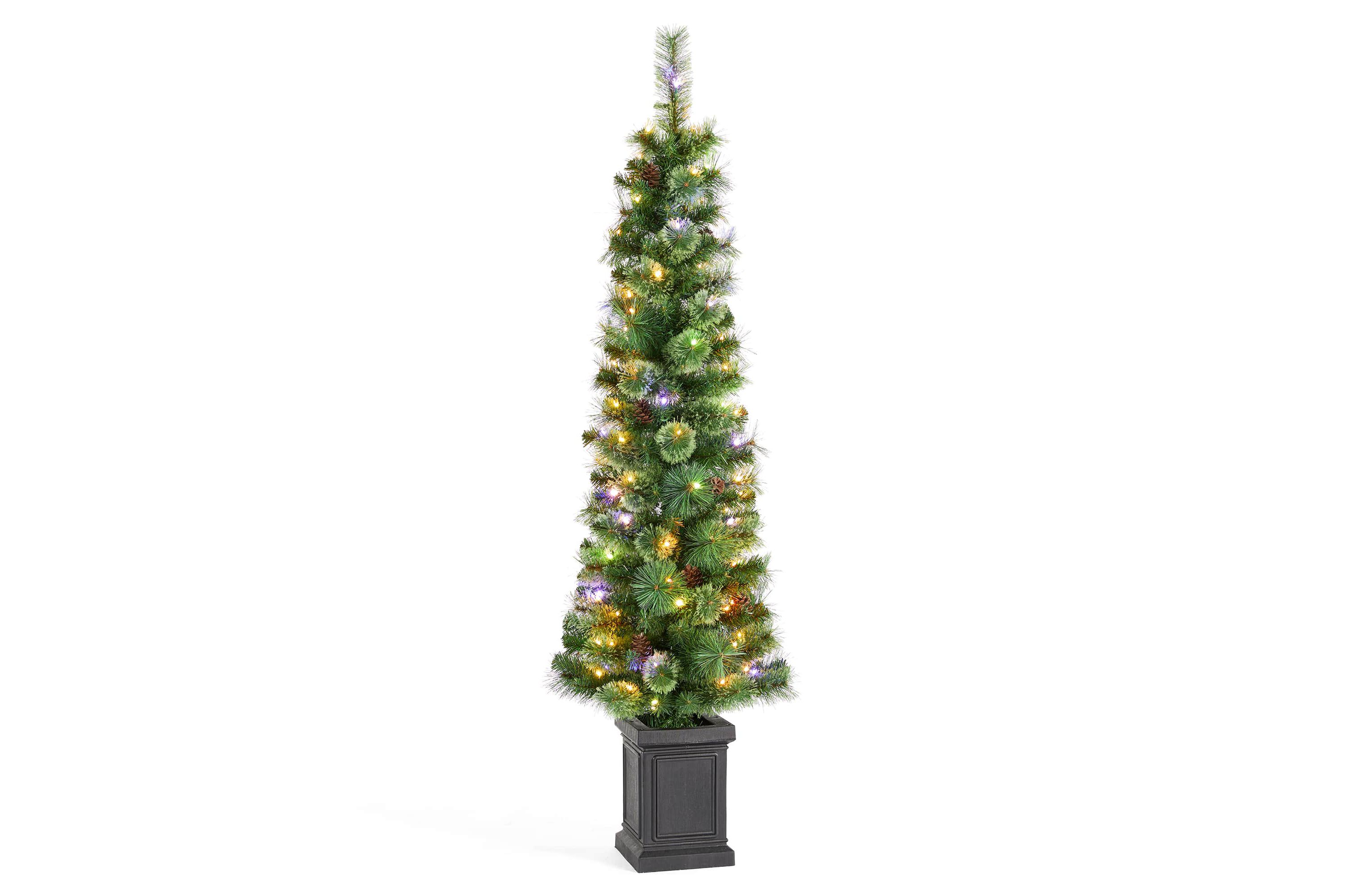 5ft Pre-Lit Green Cashmere Pine Christmas Porch Tree With pinecones,90 Warm White/Multi-color Lights,9 Function w/Remote control