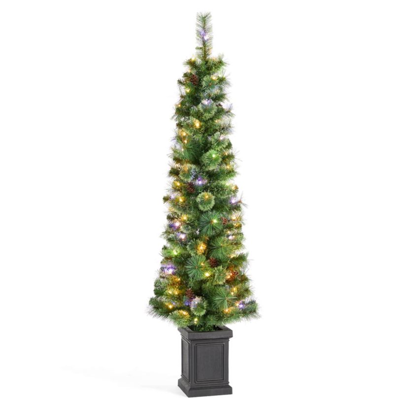 5ft Pre-Lit Green Cashmere Pine Christmas Porch Tree With pinecones,90 Warm White/Multi-color Lights,9 Function w/Remote control