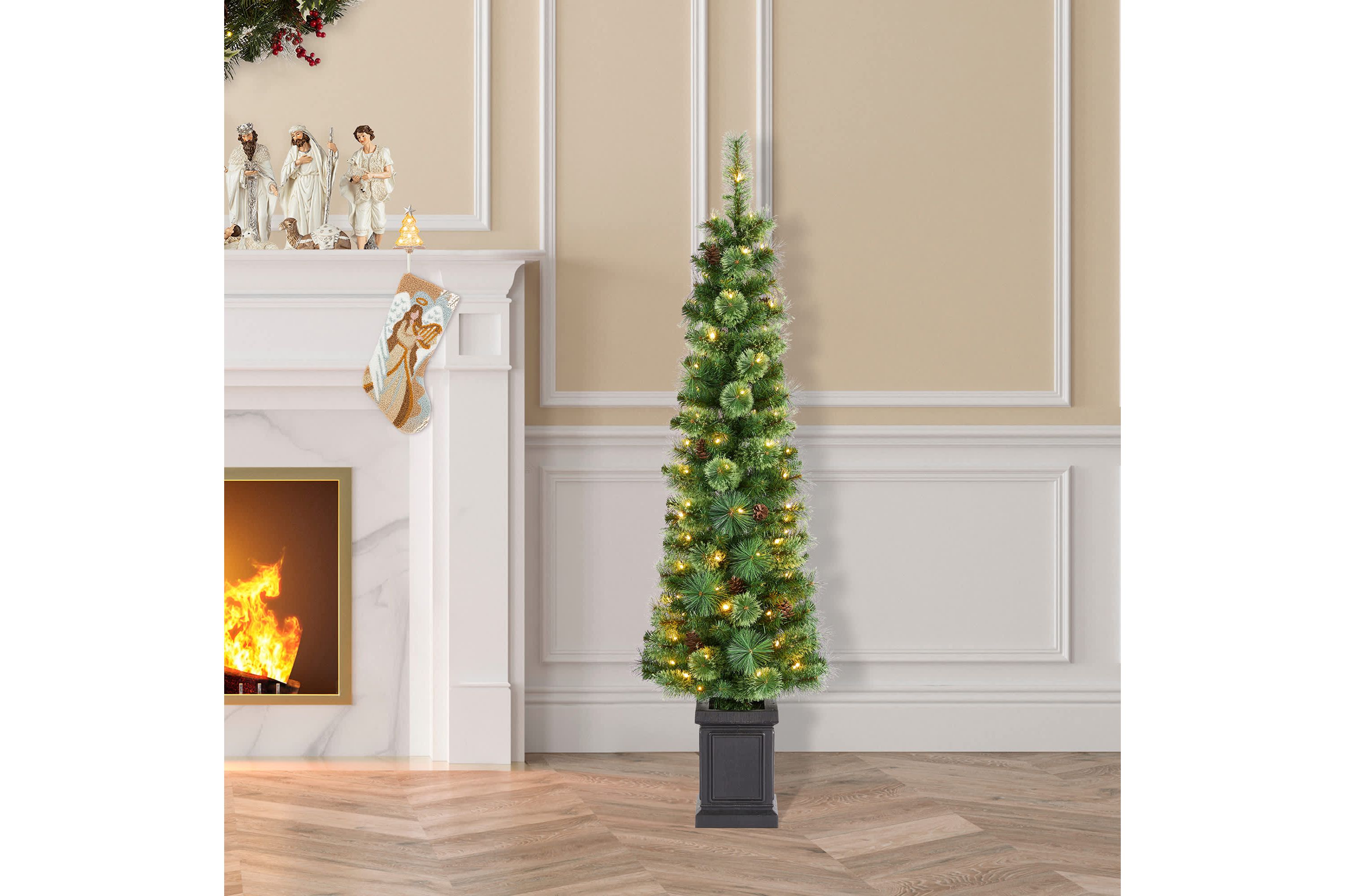 5ft Pre-Lit Green Cashmere Pine Christmas Porch Tree With pinecones,90 Warm White/Multi-color Lights,9 Function w/Remote control