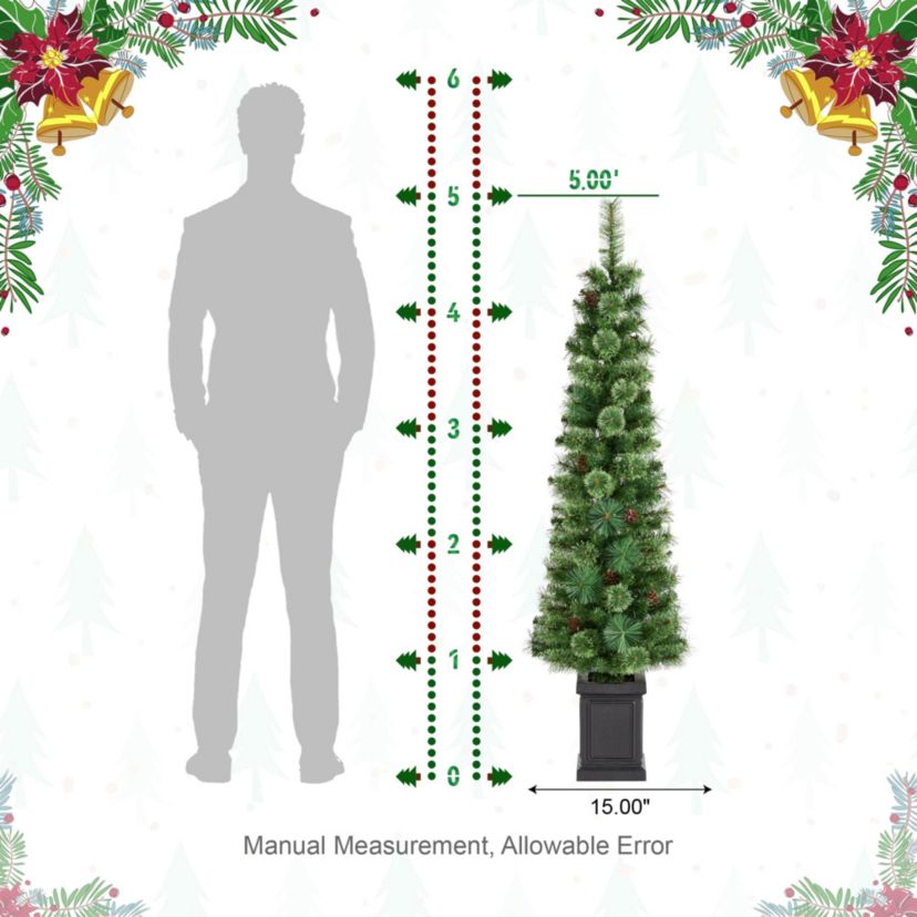 5ft Pre-Lit Green Cashmere Pine Christmas Porch Tree With pinecones,90 Warm White/Multi-color Lights,9 Function w/Remote control