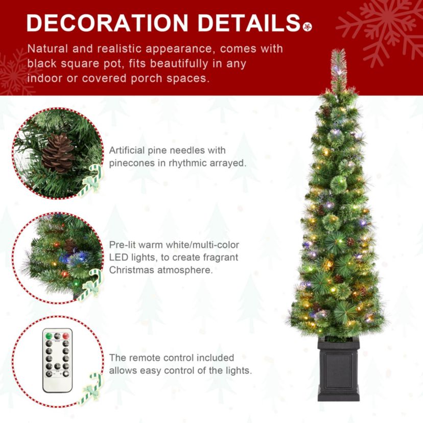 5ft Pre-Lit Green Cashmere Pine Christmas Porch Tree With pinecones,90 Warm White/Multi-color Lights,9 Function w/Remote control