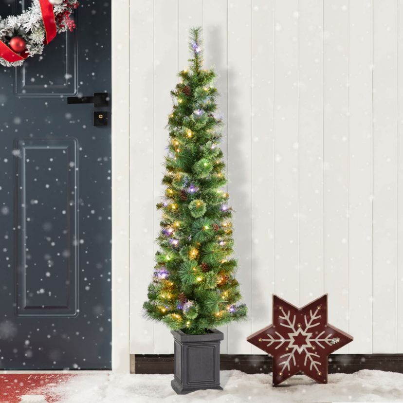 5ft Pre-Lit Green Cashmere Pine Christmas Porch Tree With pinecones,90 Warm White/Multi-color Lights,9 Function w/Remote control