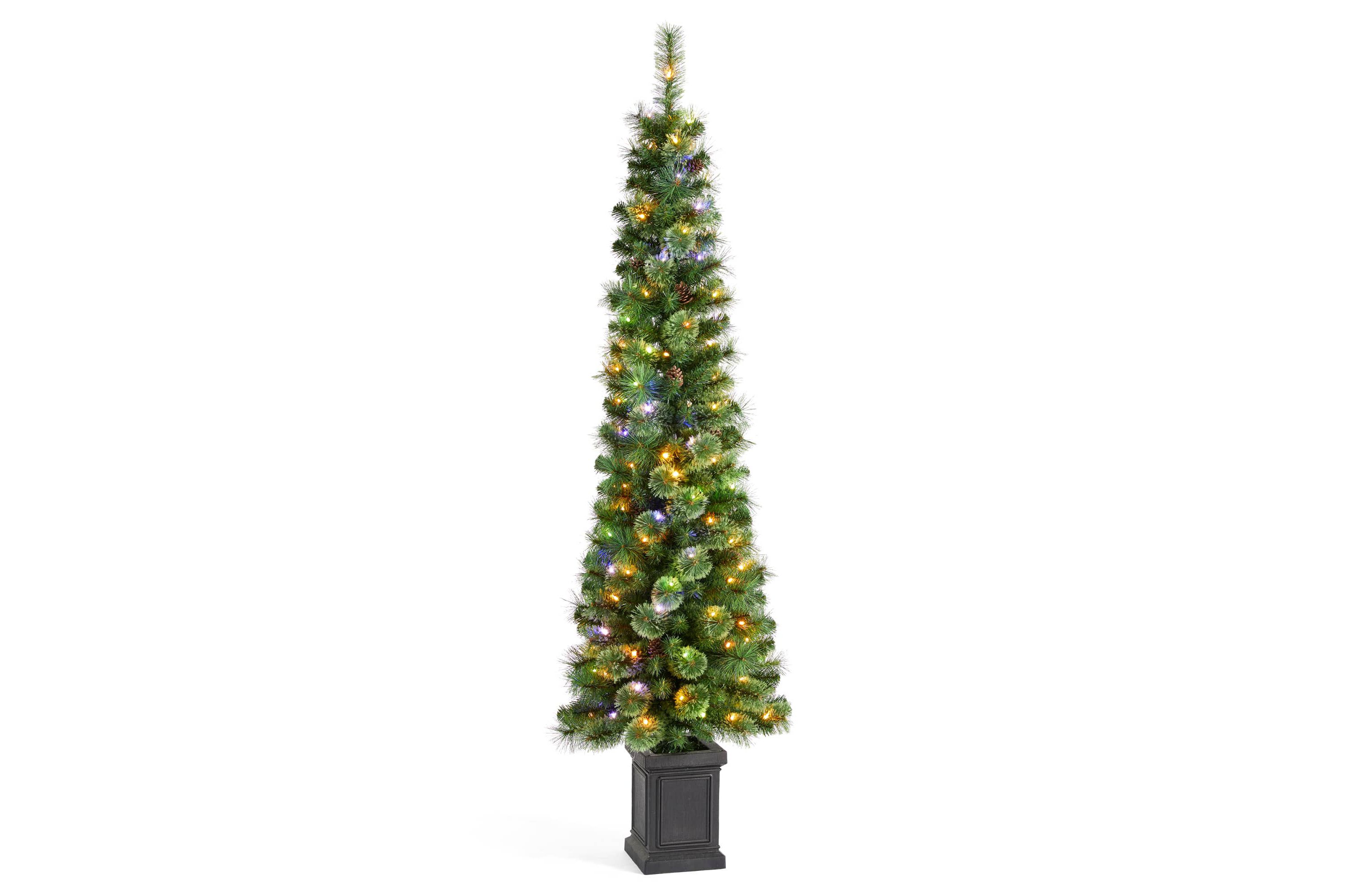 6ft Pre-Lit Green Cashmere Pine Christmas Porch Tree With pinecones,130 Warm White/Multi-color Lights,9 Function w/Remote control