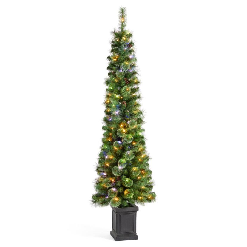 6ft Pre-Lit Green Cashmere Pine Christmas Porch Tree With pinecones,130 Warm White/Multi-color Lights,9 Function w/Remote control