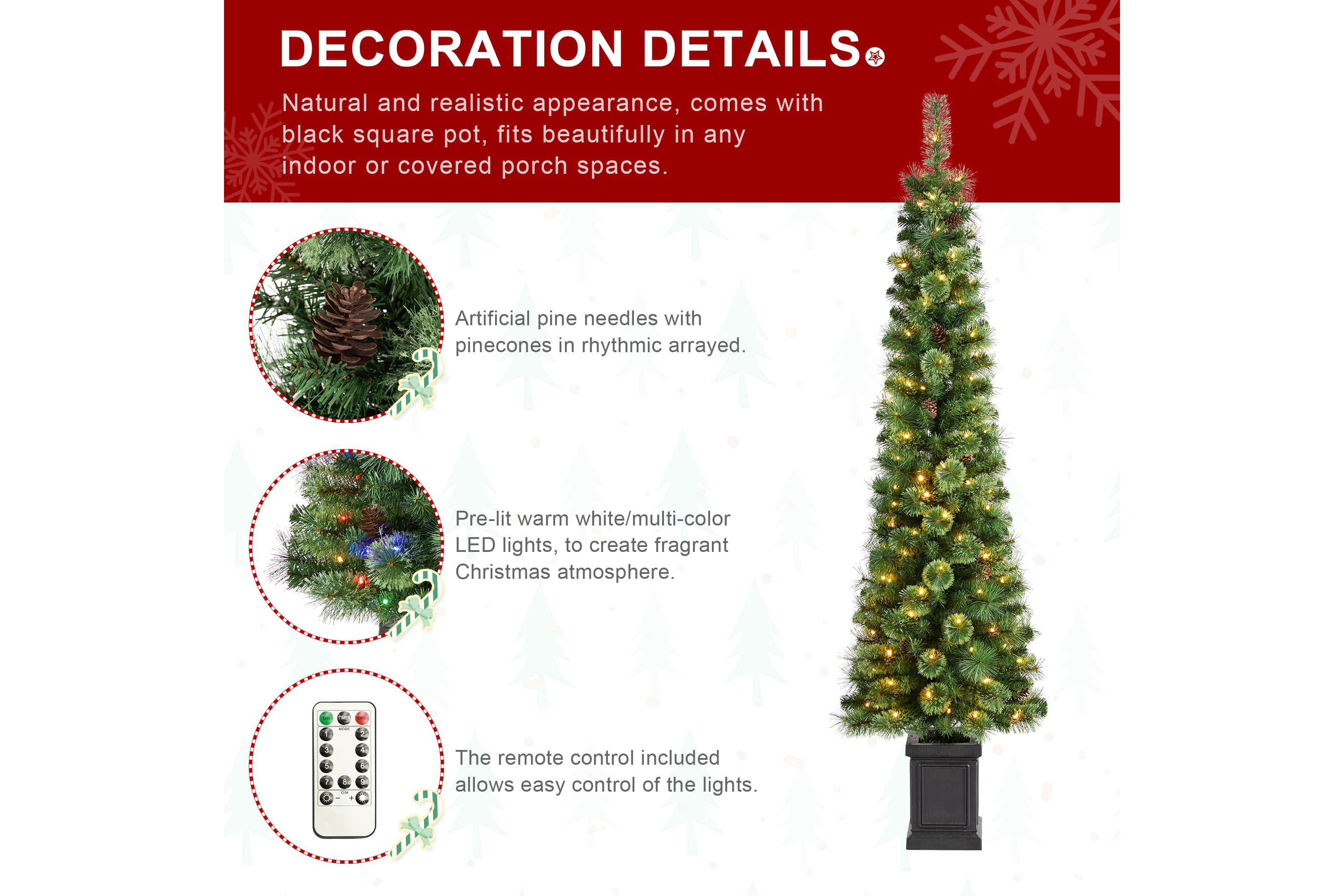 6ft Pre-Lit Green Cashmere Pine Christmas Porch Tree With pinecones,130 Warm White/Multi-color Lights,9 Function w/Remote control