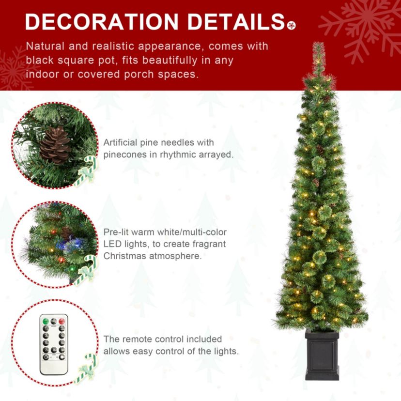 6ft Pre-Lit Green Cashmere Pine Christmas Porch Tree With pinecones,130 Warm White/Multi-color Lights,9 Function w/Remote control