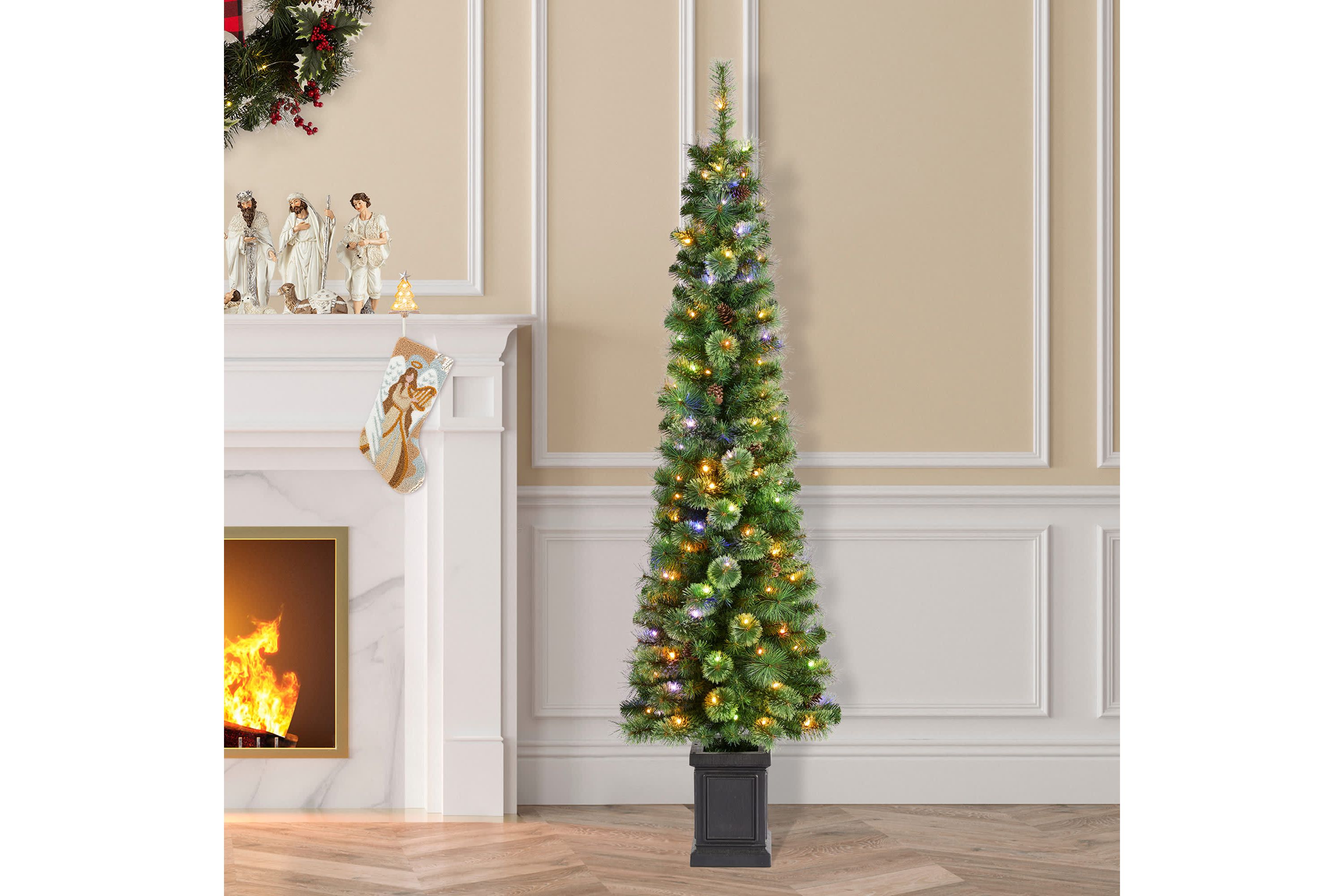 6ft Pre-Lit Green Cashmere Pine Christmas Porch Tree With pinecones,130 Warm White/Multi-color Lights,9 Function w/Remote control