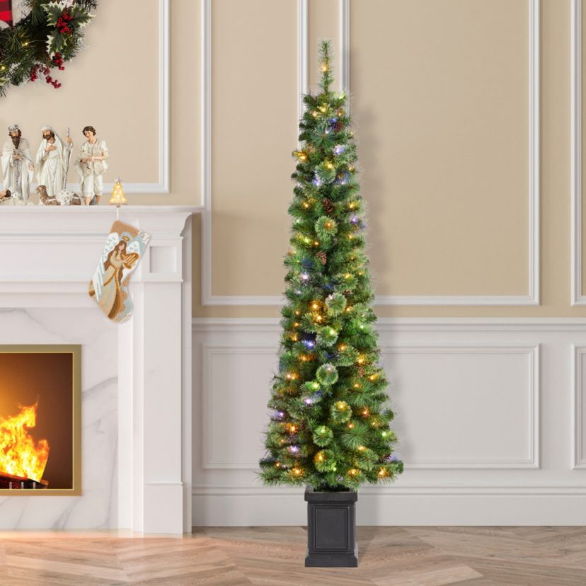6ft Pre-Lit Green Cashmere Pine Christmas Porch Tree With pinecones,130 Warm White/Multi-color Lights,9 Function w/Remote control