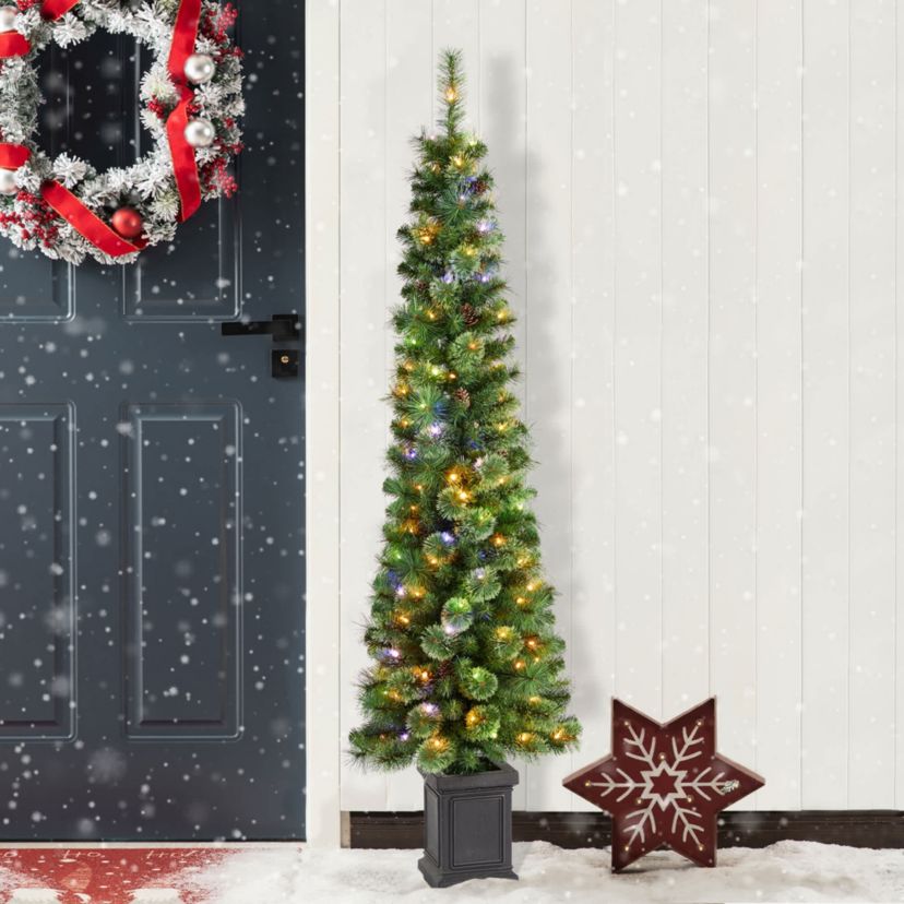 6ft Pre-Lit Green Cashmere Pine Christmas Porch Tree With pinecones,130 Warm White/Multi-color Lights,9 Function w/Remote control