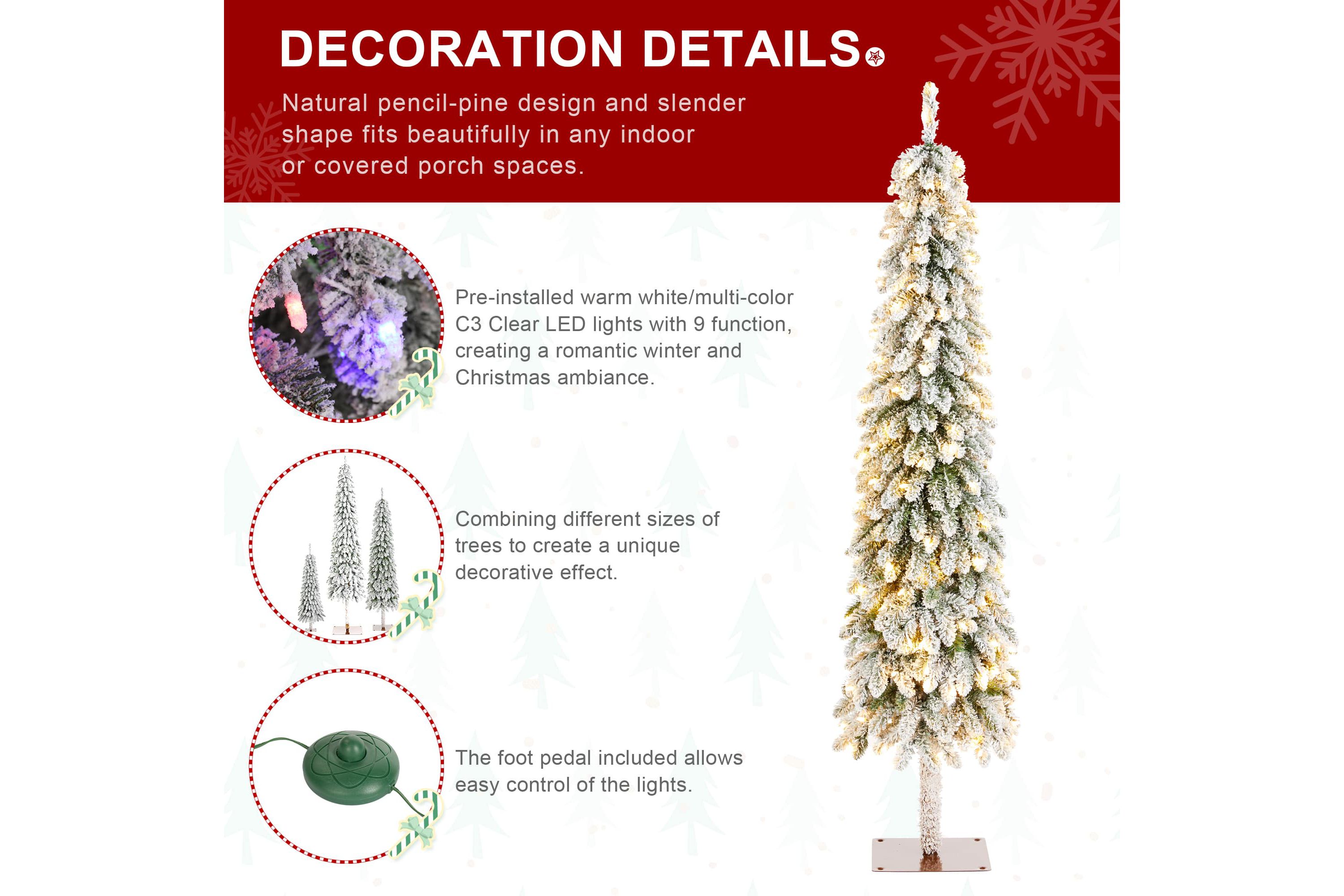 6ft Pre-Lit Flocked Artificial Christmas Tree with 150 Warm White C3 Clear LED Lights,9 function w/Foot Pedal