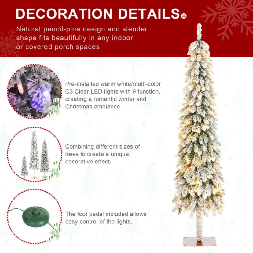 6ft Pre-Lit Flocked Artificial Christmas Tree with 150 Warm White C3 Clear LED Lights,9 function w/Foot Pedal