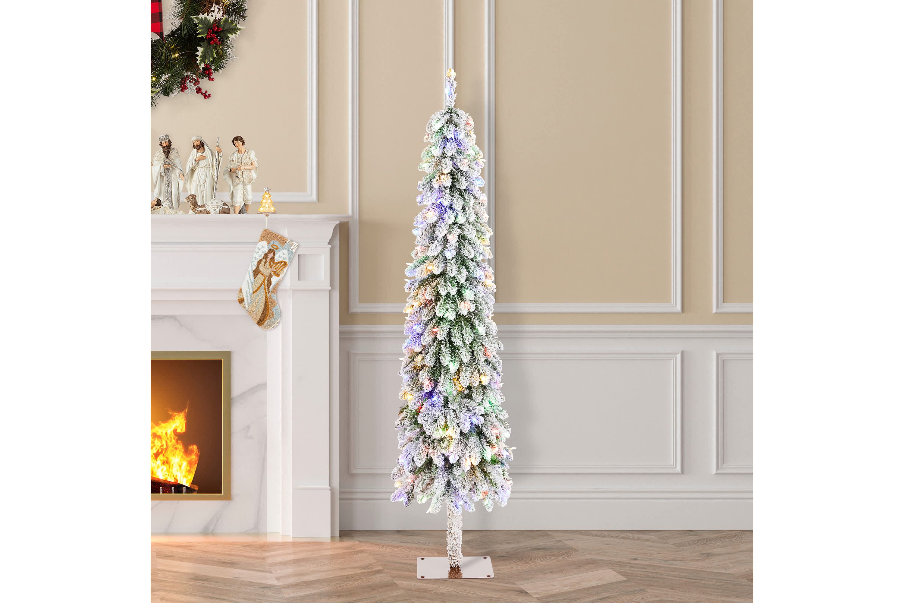6ft Pre-Lit Flocked Artificial Christmas Tree with 150 Warm White C3 Clear LED Lights,9 function w/Foot Pedal