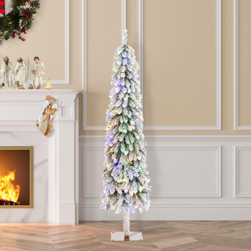 6ft Pre-Lit Flocked Artificial Christmas Tree with 150 Warm White C3 Clear LED Lights,9 function w/Foot Pedal