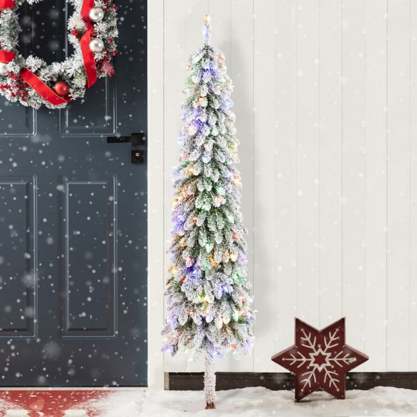 6ft Pre-Lit Flocked Artificial Christmas Tree with 150 Warm White C3 Clear LED Lights,9 function w/Foot Pedal