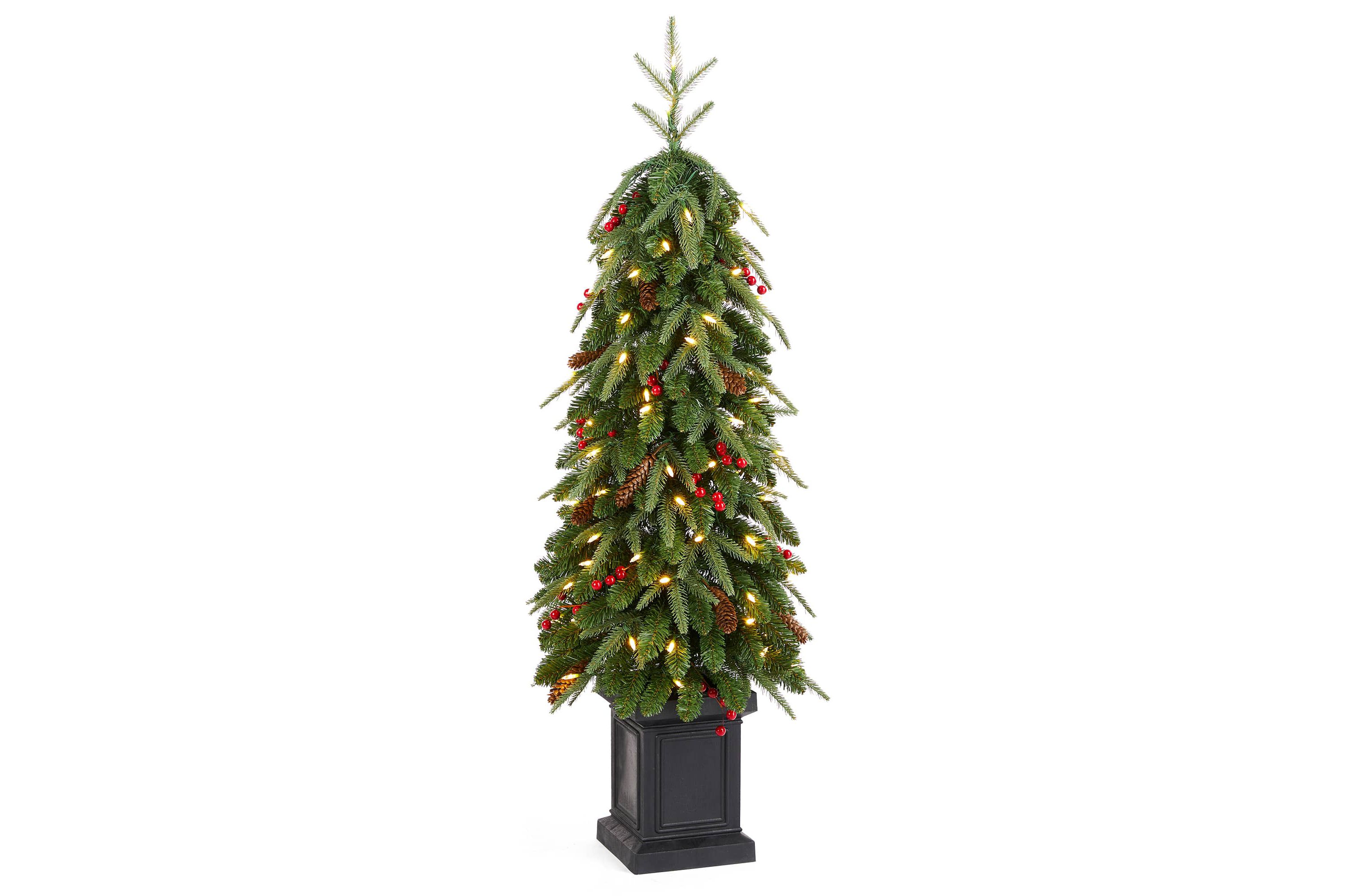 4ft Pre-lit Green Artificial Christmas Porch Tree with red berries,pinecones and 100 warm white lights,3 function w/Foot Pedal