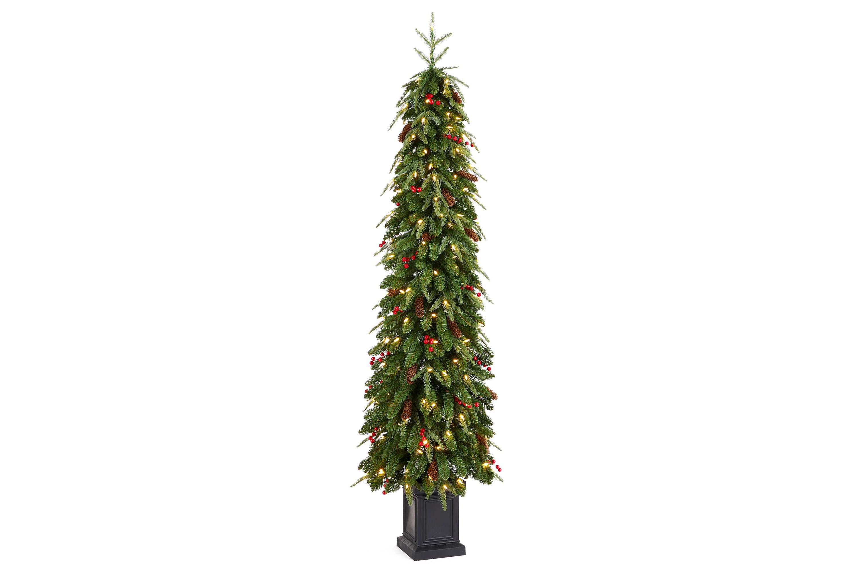 6ft Pre-lit Green Artificial Christmas Porch Tree with red berries,pinecones and 180 warm white lights,3 function w/Foot Pedal