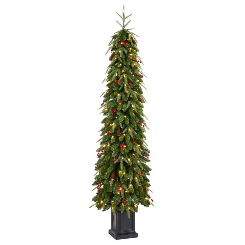 6ft Pre-lit Green Artificial Christmas Porch Tree with red berries,pinecones and 180 warm white lights,3 function w/Foot Pedal