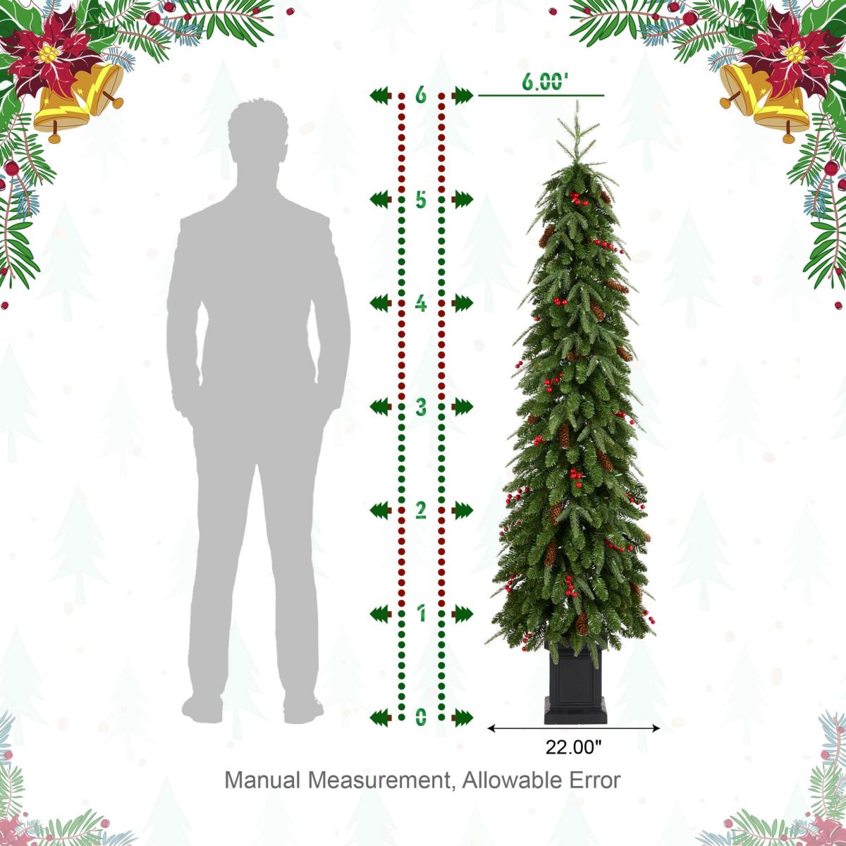 6ft Pre-lit Green Artificial Christmas Porch Tree with red berries,pinecones and 180 warm white lights,3 function w/Foot Pedal
