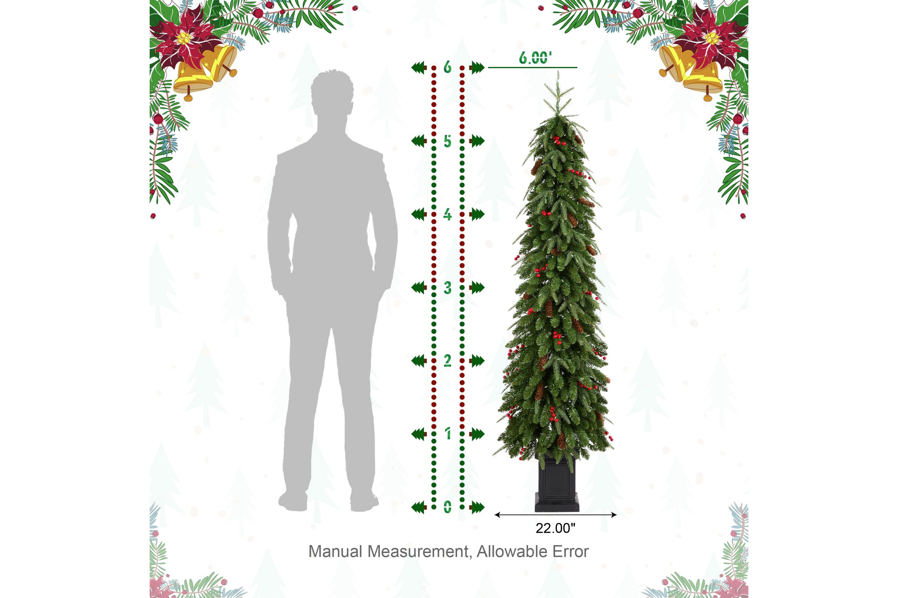 6ft Pre-lit Green Artificial Christmas Porch Tree with red berries,pinecones and 180 warm white lights,3 function w/Foot Pedal