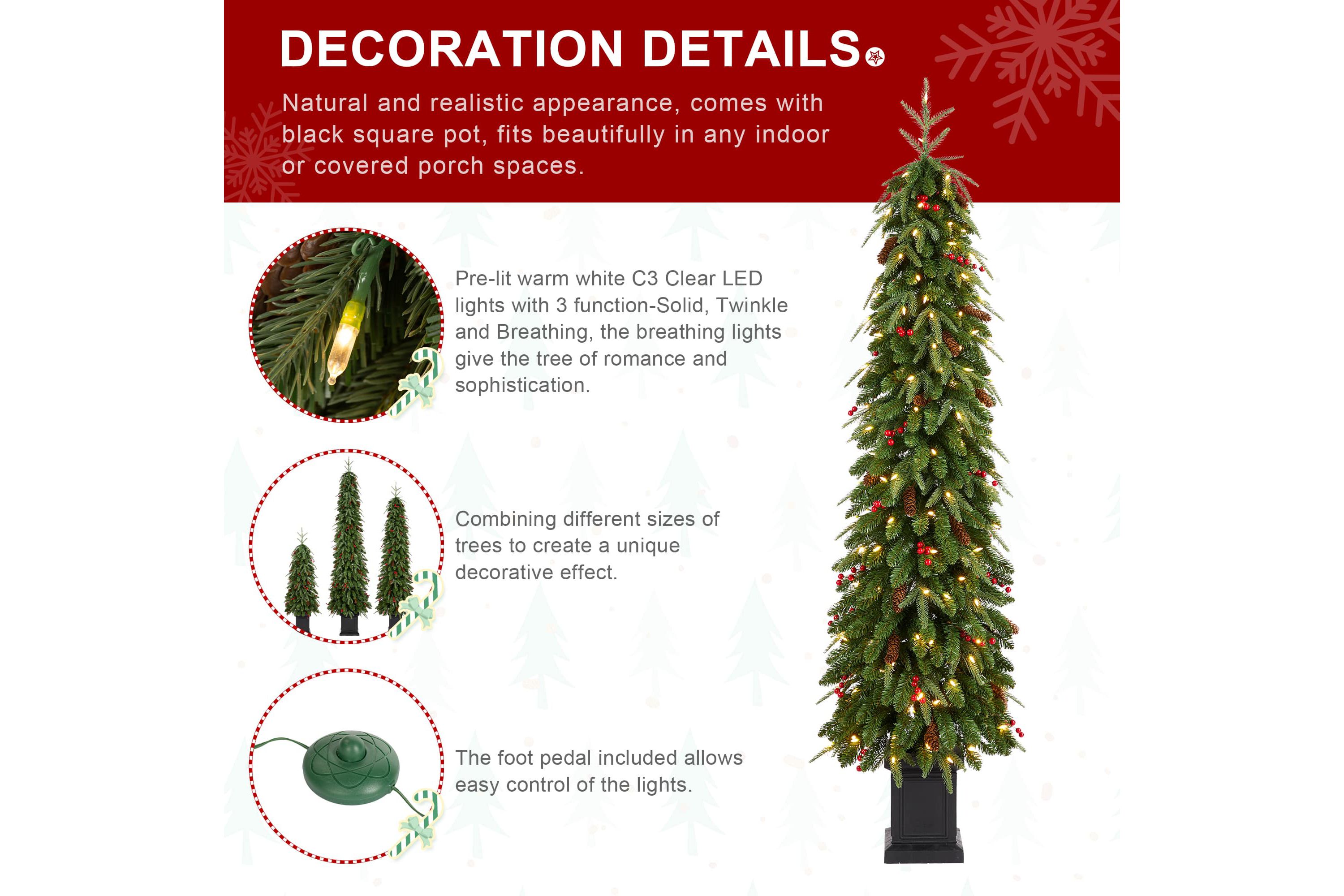 6ft Pre-lit Green Artificial Christmas Porch Tree with red berries,pinecones and 180 warm white lights,3 function w/Foot Pedal