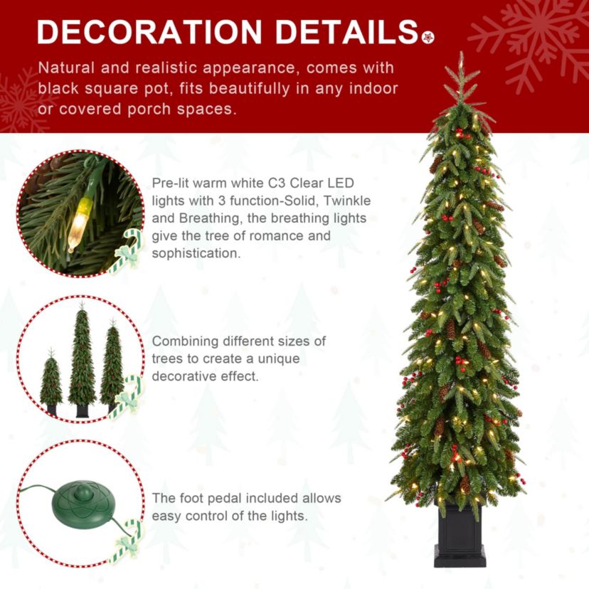 6ft Pre-lit Green Artificial Christmas Porch Tree with red berries,pinecones and 180 warm white lights,3 function w/Foot Pedal