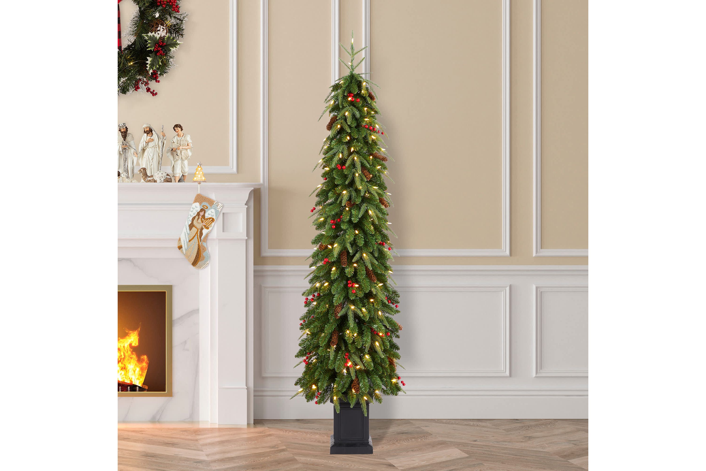 6ft Pre-lit Green Artificial Christmas Porch Tree with red berries,pinecones and 180 warm white lights,3 function w/Foot Pedal