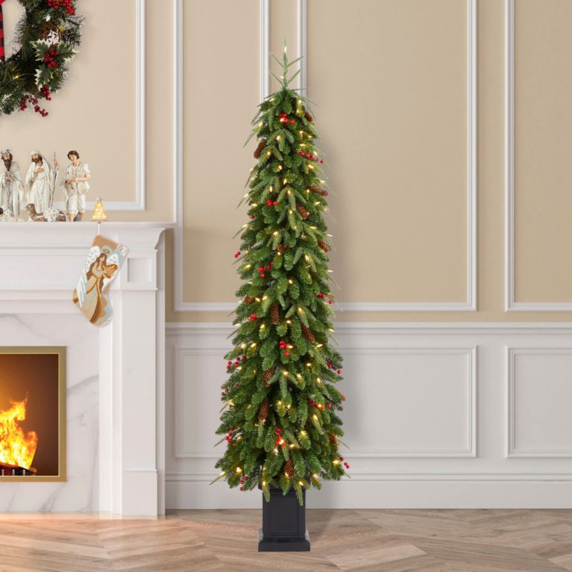 6ft Pre-lit Green Artificial Christmas Porch Tree with red berries,pinecones and 180 warm white lights,3 function w/Foot Pedal